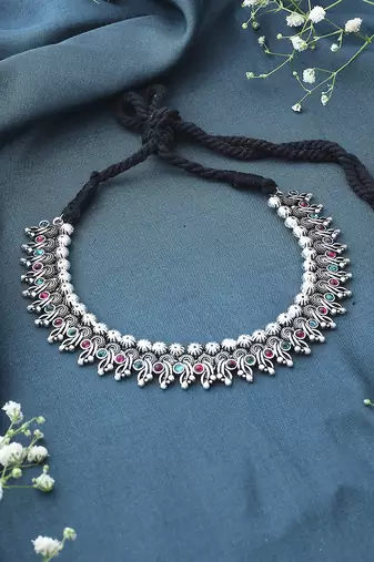 Multicolour Oxidised Necklace Set With Green And Pink Stones