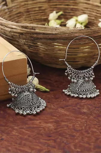 Silver Round Hoops With Hanging Beads