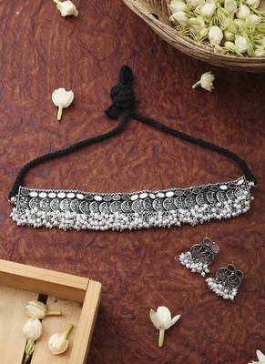 Oxidised Silver Laxmi Motif Choker Set With Small Earrings 1