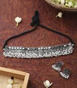 Oxidised Silver Laxmi Motif Choker Set With Small Earrings