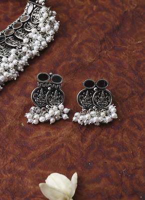 Oxidised Silver Laxmi Motif Choker Set With Small Earrings 2