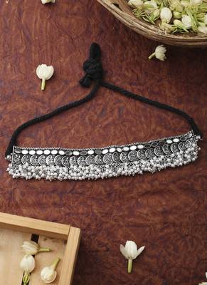 Oxidised Silver Laxmi Motif Choker Set With Small Earrings 3