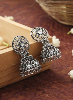 Round Floral Oxidised Earrings With White Stones 1