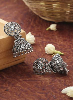 Round Floral Oxidised Earrings With White Stones 2