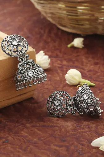 Round Floral Oxidised Earrings With White Stones