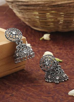 Round Floral Oxidised Earrings With White Stones 3
