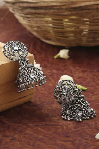 Round Floral Oxidised Earrings With White Stones