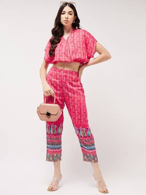 Pannkh women's co-ord set digital placement printed overlap top with pant set 4