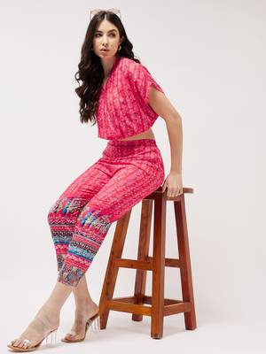 Pannkh women's co-ord set digital placement printed overlap top with pant set 5