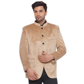 velvet jodhpuri bandhgala blazer for men (beige) 1