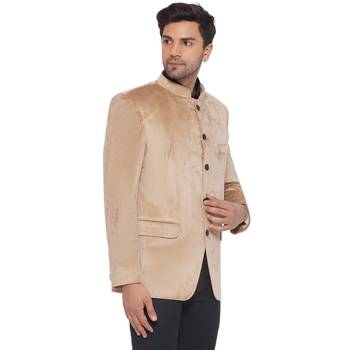 velvet jodhpuri bandhgala blazer for men (beige) 2