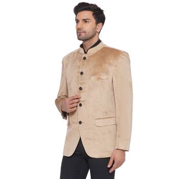 velvet jodhpuri bandhgala blazer for men (beige) 3