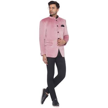 velvet jodhpuri bandhgala blazer for men (pink) 5