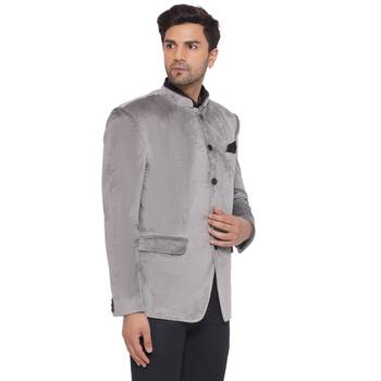 velvet jodhpuri bandhgala blazer for men (grey) 2