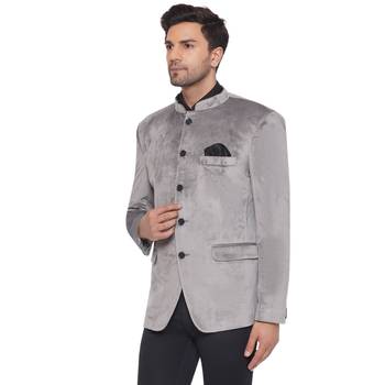velvet jodhpuri bandhgala blazer for men (grey) 3