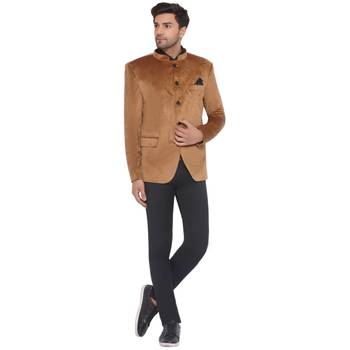 velvet jodhpuri bandhgala blazer for men (golden) 1