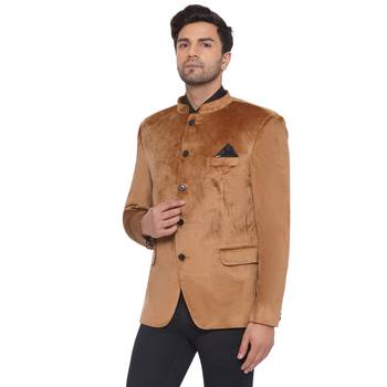 velvet jodhpuri bandhgala blazer for men (golden) 4