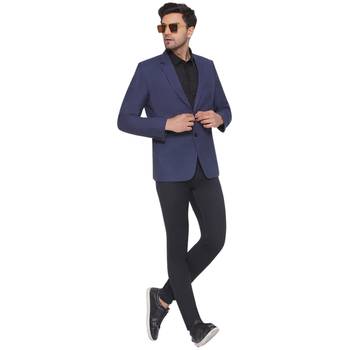 single-breasted collar two button round blazer for men (blue) 5