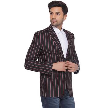 single-breasted collar two button round striped blazer for men (black) 2