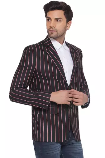 single-breasted collar two button round striped blazer for men (black)