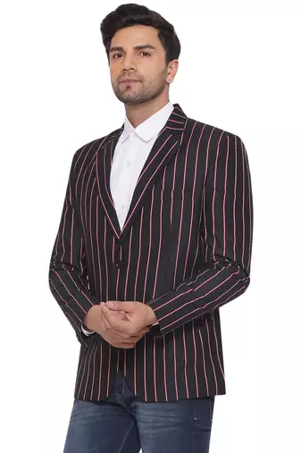 single-breasted collar two button round striped blazer for men (black)