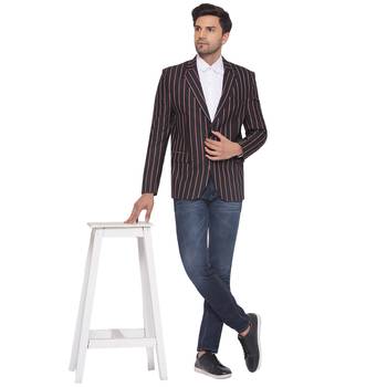 single-breasted collar two button round striped blazer for men (black) 5