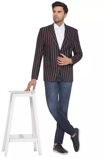 single-breasted collar two button round striped blazer for men (black)