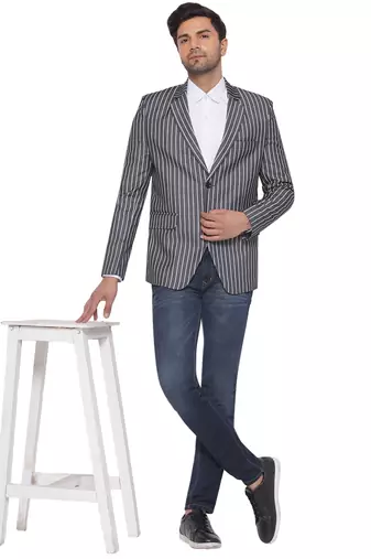 single-breasted collar two button round striped blazer for men (grey)