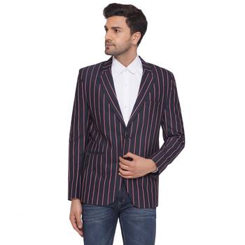 single-breasted collar two button round striped blazer for men (blue) 1