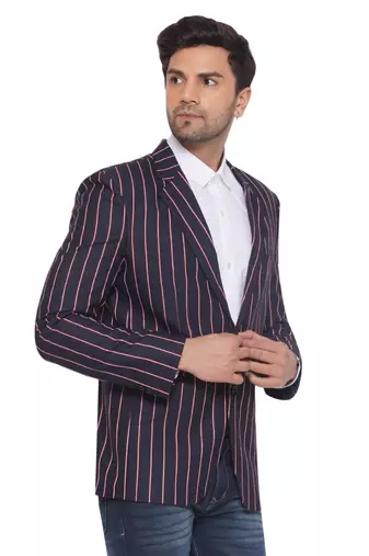 single-breasted collar two button round striped blazer for men (blue)