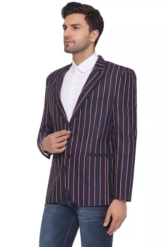 single-breasted collar two button round striped blazer for men (blue)