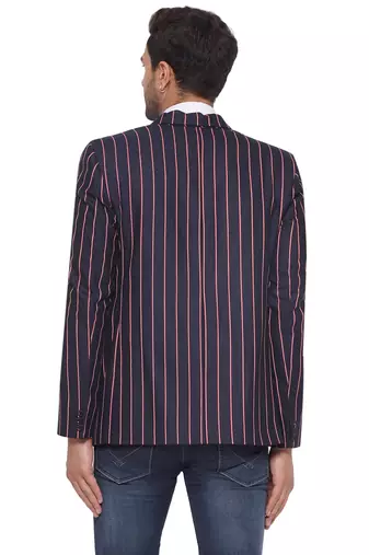 single-breasted collar two button round striped blazer for men (blue)