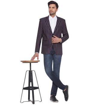 single-breasted collar two button round striped blazer for men (blue) 5