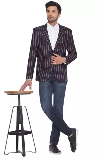 single-breasted collar two button round striped blazer for men (blue)