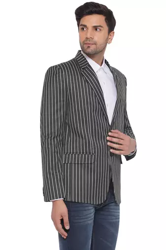 Grey single-breasted collar two button round striped blazer for men
