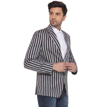 Grey single-breasted collar two button round striped blazer for men 2