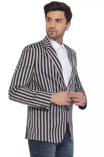 Grey single-breasted collar two button round striped blazer for men