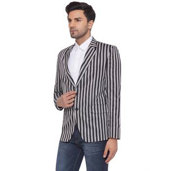 Grey single-breasted collar two button round striped blazer for men 3