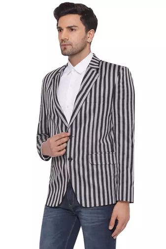 Grey single-breasted collar two button round striped blazer for men