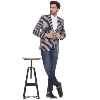 Grey single-breasted collar two button round striped blazer for men 5