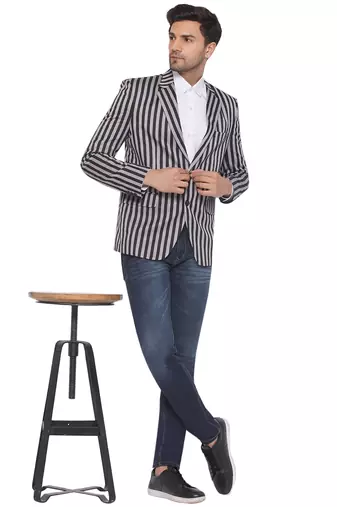Grey single-breasted collar two button round striped blazer for men