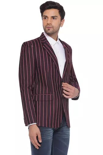 single-breasted collar two button round striped blazer for men (maroon)