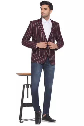 single-breasted collar two button round striped blazer for men (maroon)