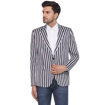 single-breasted collar two button round striped blazer for men (blue) 1