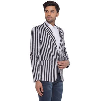 single-breasted collar two button round striped blazer for men (blue) 2