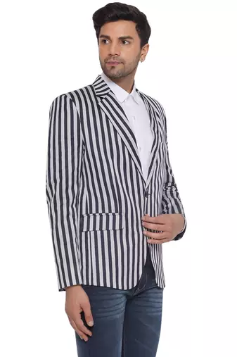 single-breasted collar two button round striped blazer for men (blue)