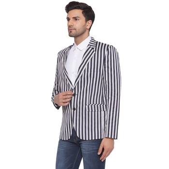 single-breasted collar two button round striped blazer for men (blue) 3