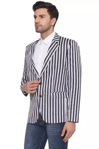 single-breasted collar two button round striped blazer for men (blue)