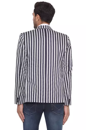 single-breasted collar two button round striped blazer for men (blue)