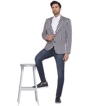 single-breasted collar two button round striped blazer for men (blue) 5